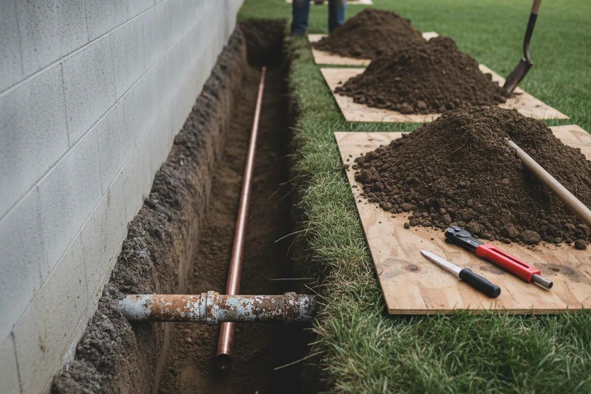 Excavated water line trench during Water Softener Installation in West Leyden